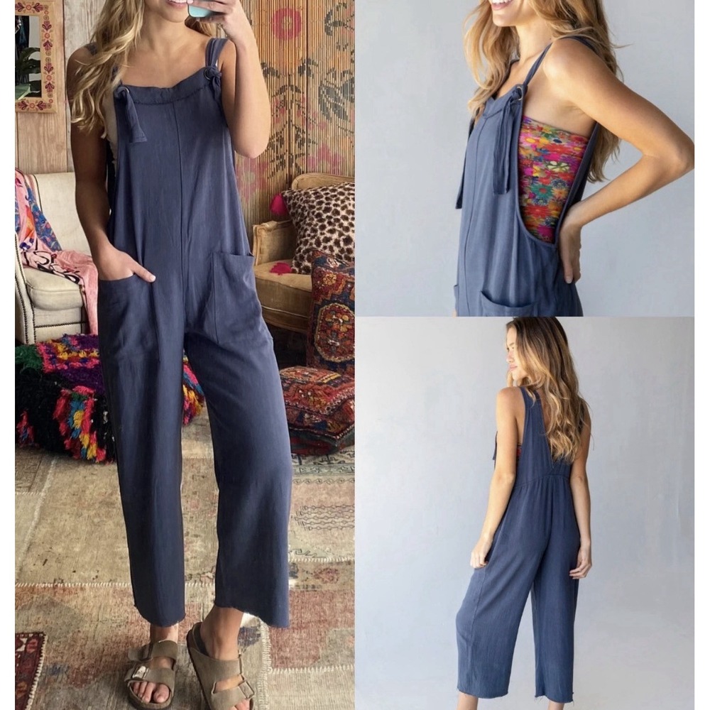 Natural Life Carly Jumpsuit Overalls Blue Linen Blend Sz L Boho Festival Indie
